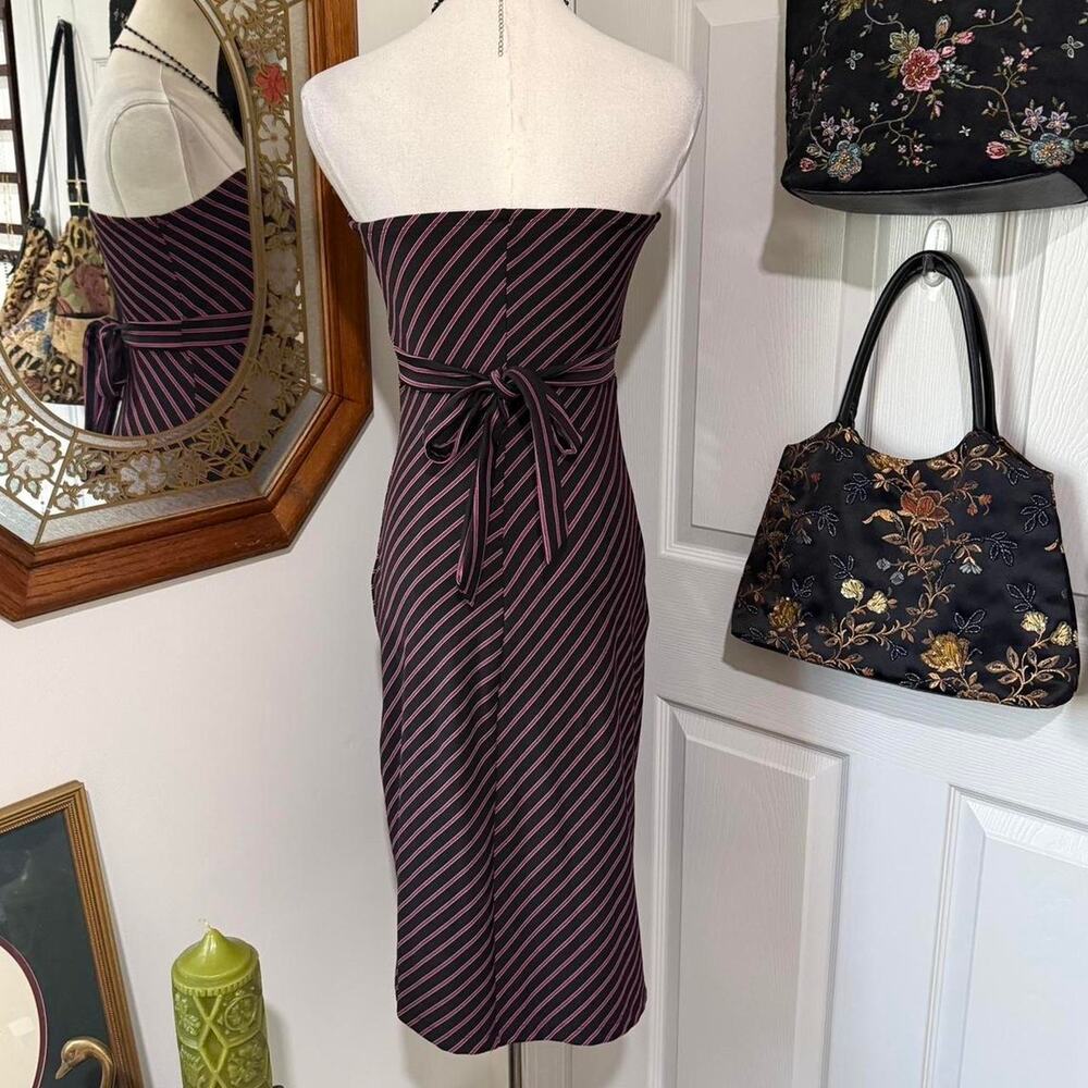 VTG Y2K My Michelle Black & Pink Striped Strapless Bodycon Mini Dress Waist Ties - Picture 4 of 7